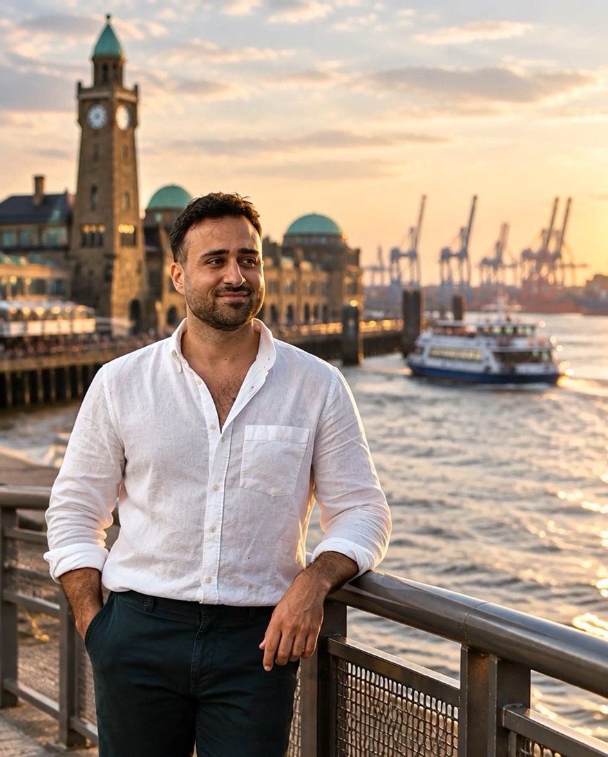 Dariusch Zadeh an den Hamburger Landungsbrücken